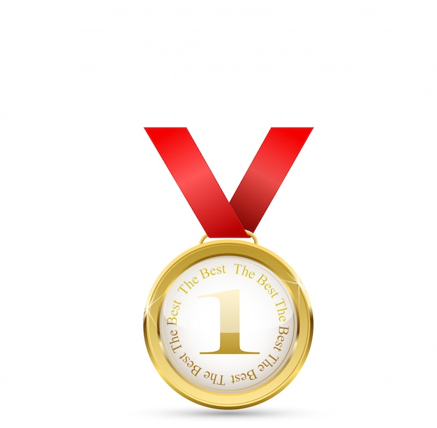 Médaille d'or réaliste sur ruban rouge. Gagnant. illustration. illustration de la première place