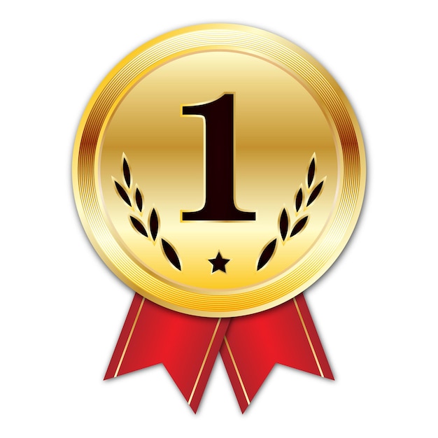 Médaille D'or Avec Ruban Rouge 1ère Place, Insigne D'or Vector 3d Avec Style Réaliste De Gradation Dorée