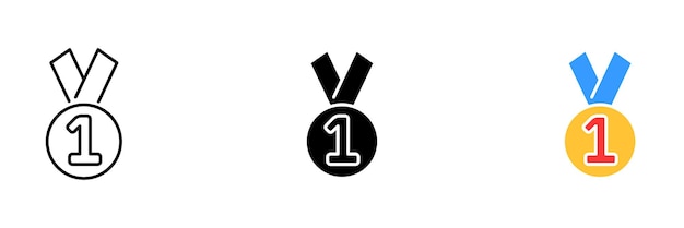 Une médaille avec un ruban décerné au premier gagnant d'un concours ou d'un événement Ensemble vectoriel d'icônes en ligne de styles noirs et colorés isolés