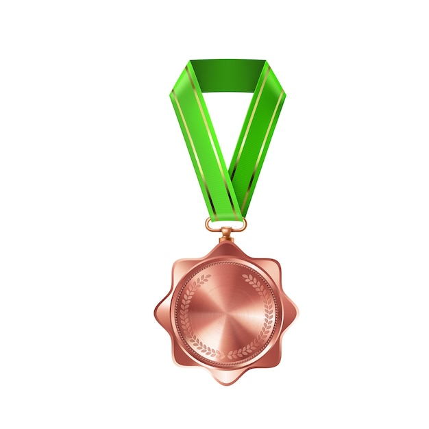Vecteur médaille vide de bronze réaliste sur ruban vert récompenses de compétition sportive pour la troisième place récompense de championnat pour les victoires et les réalisations