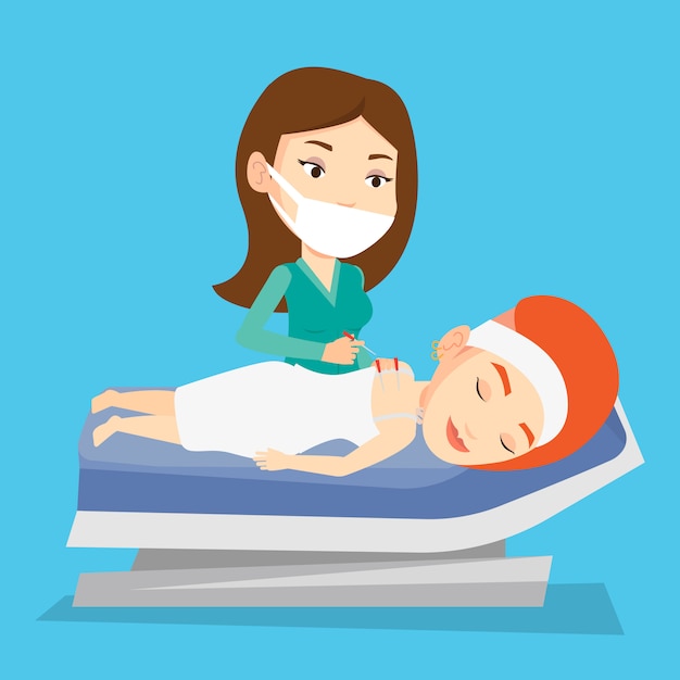 Médecin acupuncteur faisant un traitement d'acupuncture.