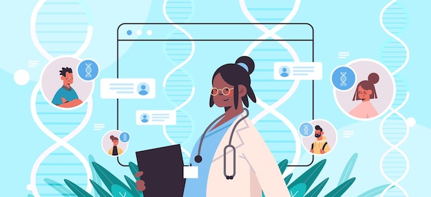 Vecteur médecin afro-américain consultant les patients dans les fenêtres de navigateur web test adn diagnostic de génie génétique