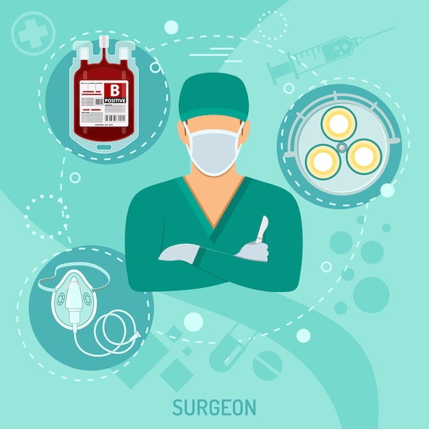 Vecteur médecin chirurgien à bannière carrée médicale avec scalpel à icônes plates, lumière de la salle d'opération et récipient de sang. illustration vectorielle