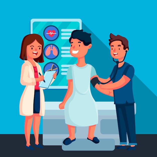 Médecin dessiné à la main examinant un patient illustré