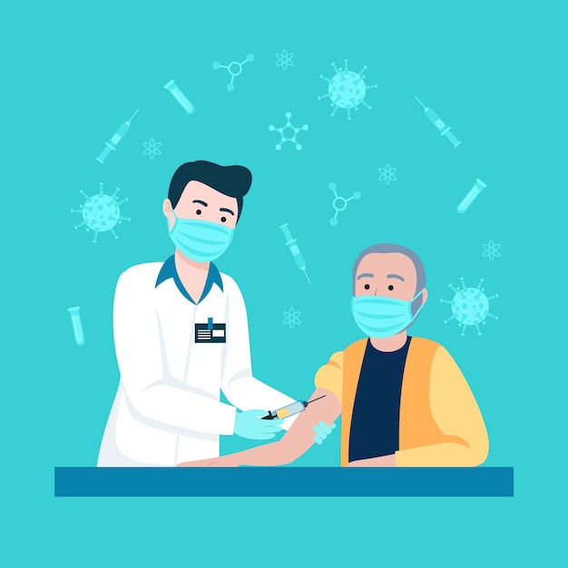 Médecin dessiné à la main, injectant un vaccin à un patient