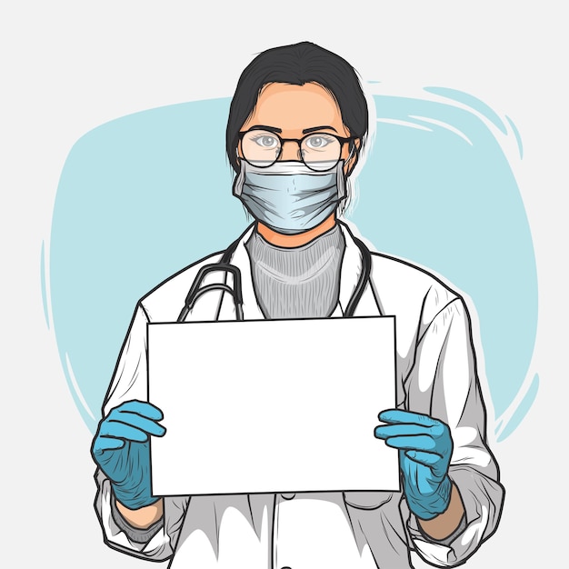 Vecteur médecin dessinée à la main avec un masque facial et des lunettes tenant une feuille blanche de papier vecteur