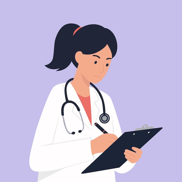 Une médecin écrivant des notes médicales sur le bloc-notes