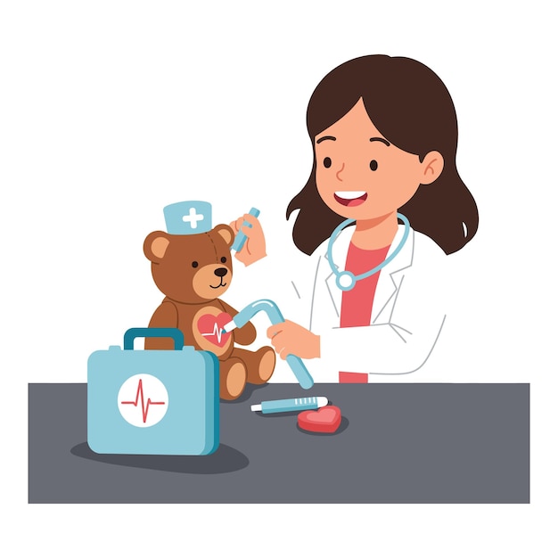 Le médecin de l'enfant s'occupe de l'ours en peluche dans une illustration vectorielle de style coloré plat