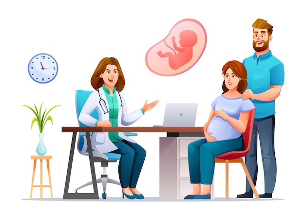 Le médecin explique la grossesse à la femme enceinte et à son mari illustration conceptuelle Vector