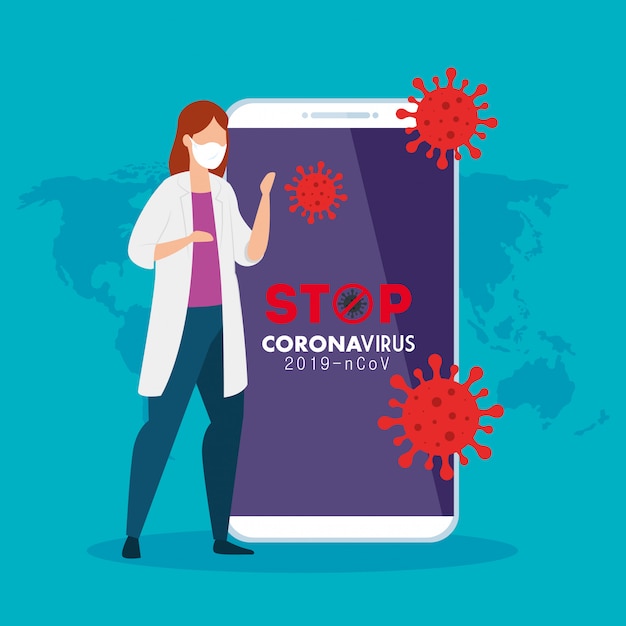 Vecteur médecin femme et smartphone avec application stop covid 19