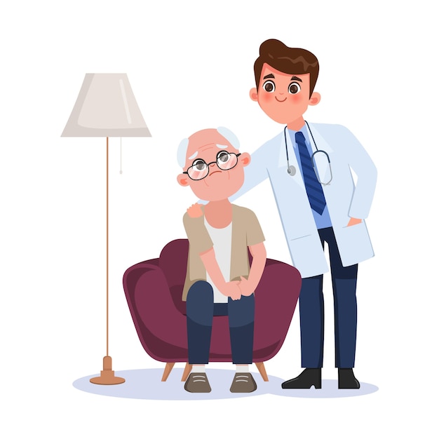 Vecteur un médecin avec un grand-père a des douleurs au genou chez les personnes âgées
