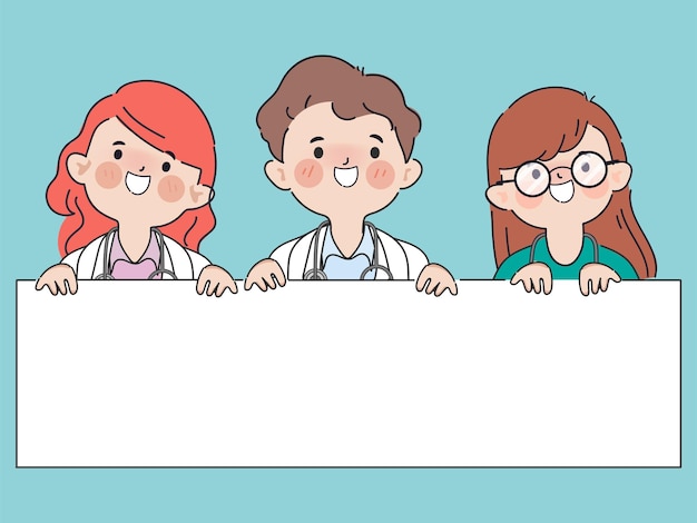 Médecin et infirmière dessinés à la main présentant un personnage de pancarte blanche