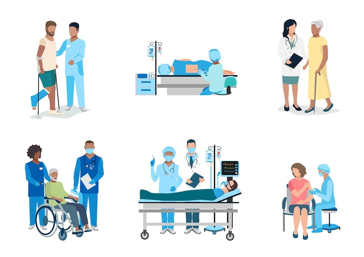 Vecteur médecin et infirmière avec des patients