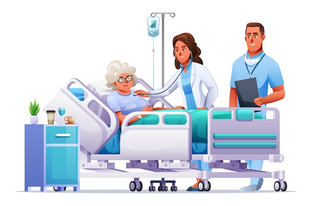 Le médecin et l'infirmière visitent une femme âgée allongée sur un lit d'hôpital.