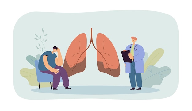 Vecteur médecin informant le patient d'une maladie pulmonaire. un travailleur médical vocalise le diagnostic de cancer du poumon à un homme triste et inquiet avec une cigarette.