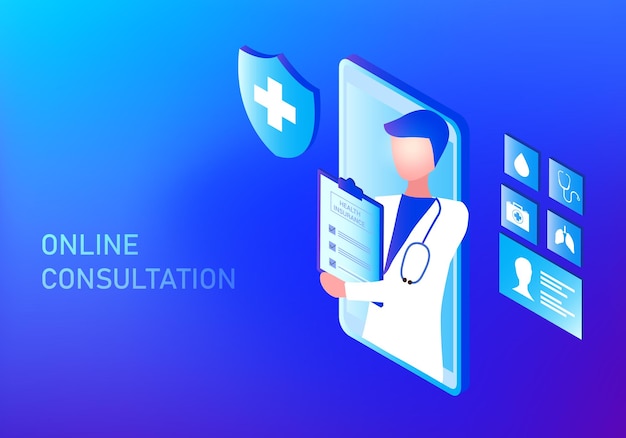Vecteur médecin en ligne et concept de consultation médicale consultation familiale en ligne pour médecin sur smartphone ve
