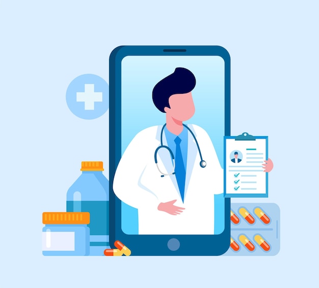 médecin en ligne avec dossier médical illustration vectorielle plane pour bannière