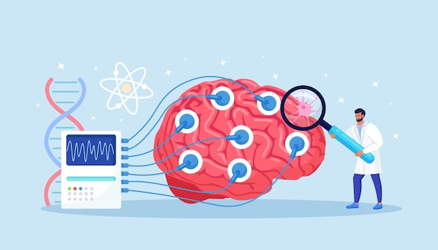 Vecteur médecin neurologue, neuroscientifique, médecin étudie le cerveau connecté à l'affichage avec indication eeg. neurologie, neurosciences, concept d'électroencéphalographie