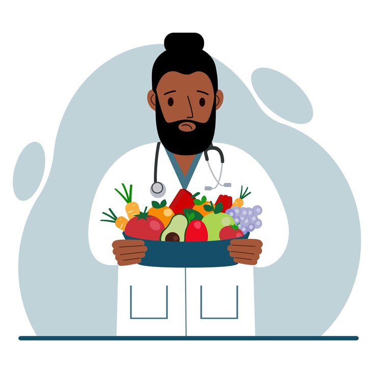 Vecteur médecin nutritionniste avec un bol de fruits et légumes diététiste