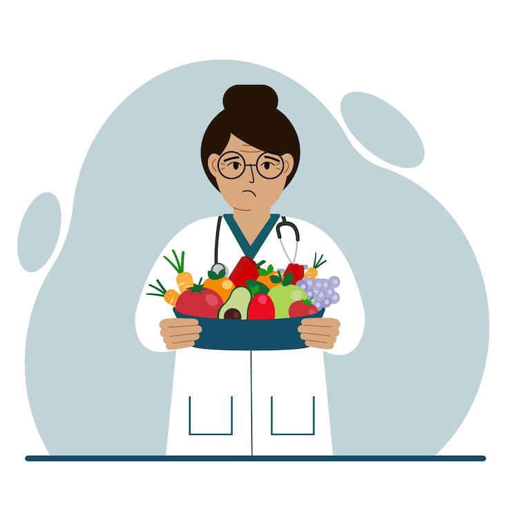 Vecteur médecin nutritionniste avec un bol de fruits et légumes diététiste