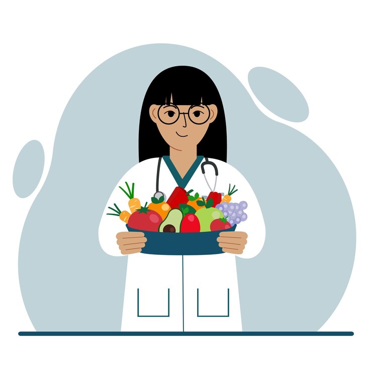 Vecteur médecin nutritionniste avec un bol de fruits et légumes diététiste