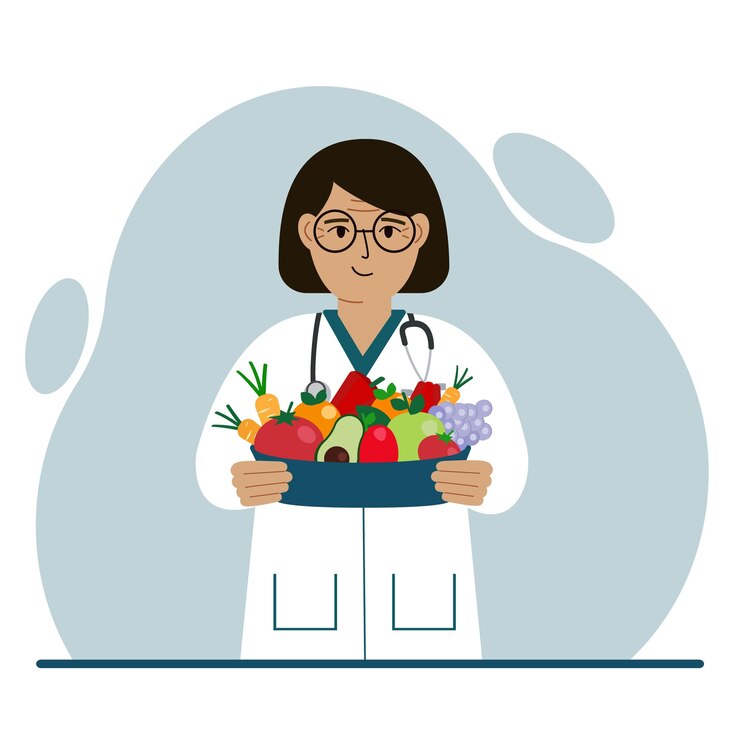 Vecteur médecin nutritionniste avec un bol de fruits et légumes diététiste