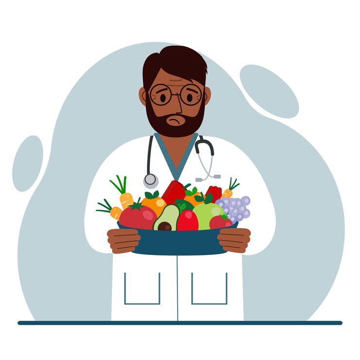Vecteur médecin nutritionniste avec un bol de fruits et légumes diététiste