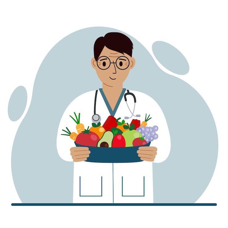 Vecteur médecin nutritionniste avec un bol de fruits et légumes diététiste