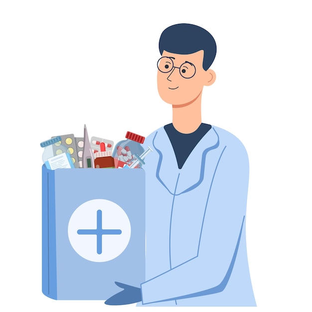 Médecin avec un paquet de pilules Style plat de traitement de prescription médicale