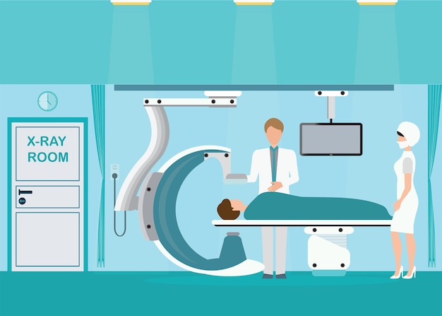 Médecin Et Patient à La Salle D'opération Avec Scanner Médical Xray.