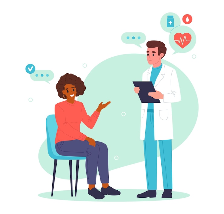 Vecteur médecin avec patient travailleur médical et médecin patiente conseillant et diagnostiquant le patient illustration à vecteur plat travailleuse professionnelle de l'hôpital avec patient
