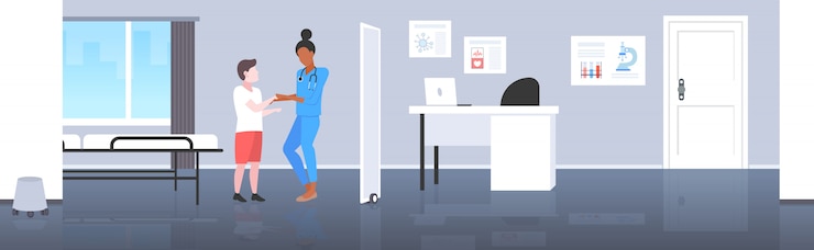 Vecteur médecin pédiatre rassurant garçon patient femme en uniforme examinant mâle enfant consultation médicale concept de soins de santé département de pédiatrie moderne chambre d'hôpital intérieur pleine longueur horizontale