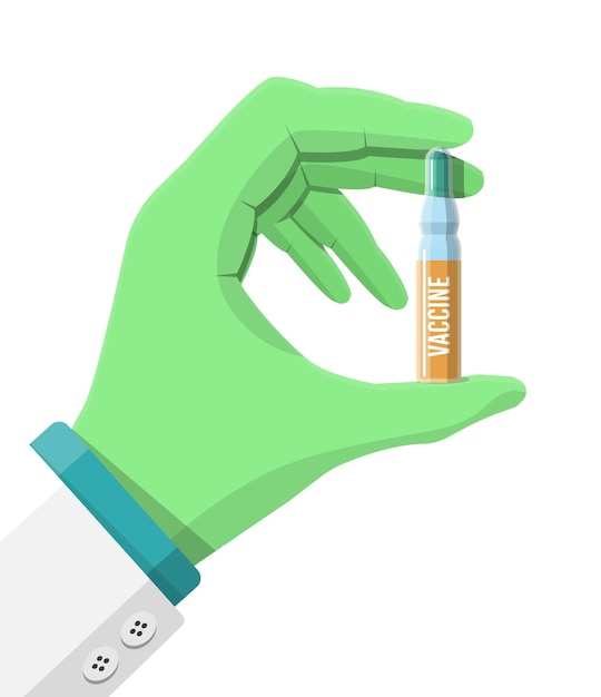 Le médecin porte des gants en caoutchouc et tient la bouteille de vaccin à la main Concept de vaccination Médecine d'ampoule avec liquide dans la bouteille Flacon en verre avec médicament Diagnostic médical de santé Illustration vectorielle plane