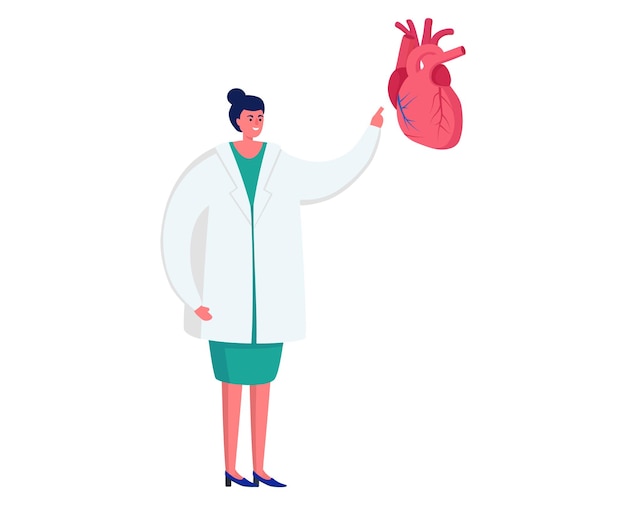 Vecteur une médecin présentant un cœur humain souriant un professionnel de la santé avec un thème de cardiologue