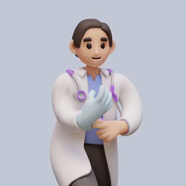 Médecin professionnel en manteau avec stéthoscope met des gants médicaux