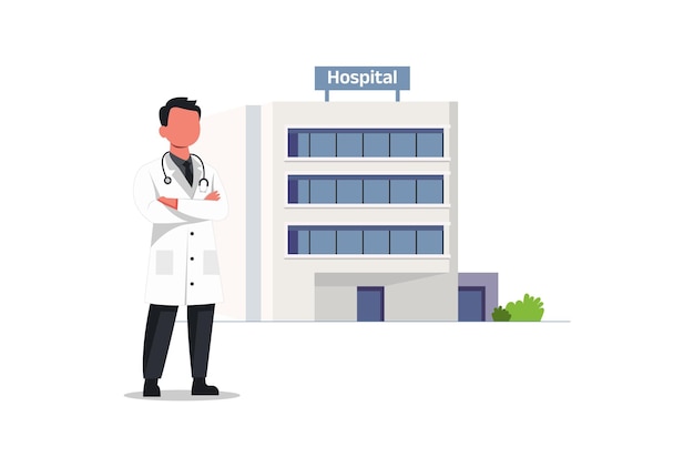 Le médecin se tient devant le bâtiment de l'hôpital.