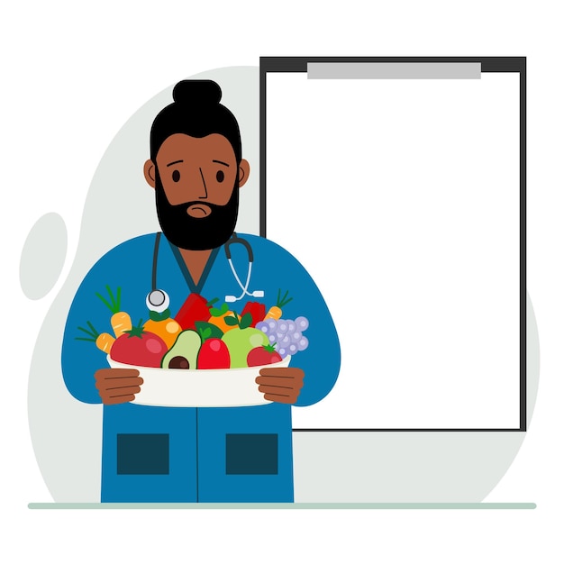 Vecteur médecin de sexe masculin avec une assiette de légumes et de fruits presse-papiers vide pour votre texte le concept de régime alimentaire bonne nutrition santé