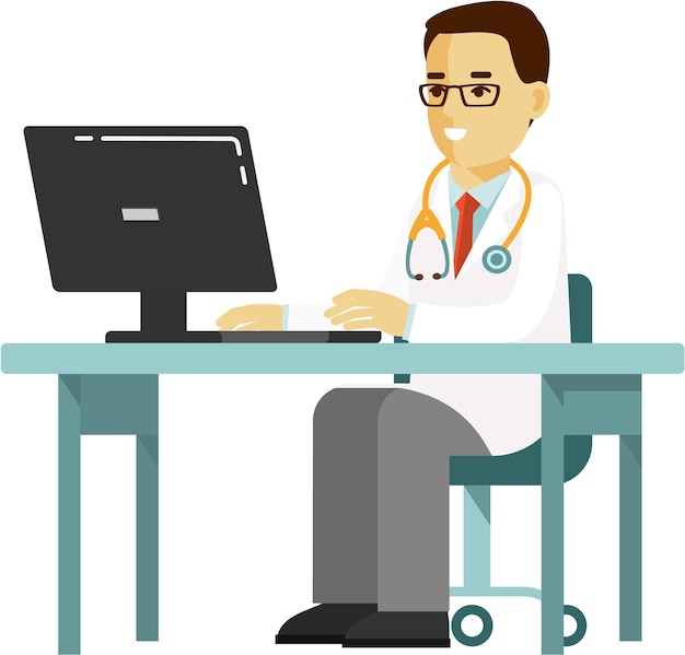 Vecteur médecin de sexe masculin est assis au bureau dans un style plat de clinique médicale