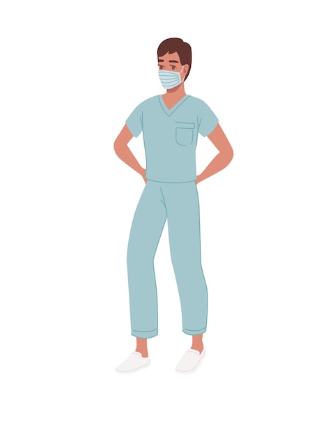 Vecteur médecin de sexe masculin avec manteau vert et masque médical dessin animé personnage design illustration vectorielle plane isolée sur fond blanc