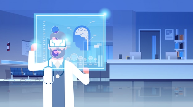 Médecin de sexe masculin portant des lunettes numériques examinant le cerveau de réalité virtuelle