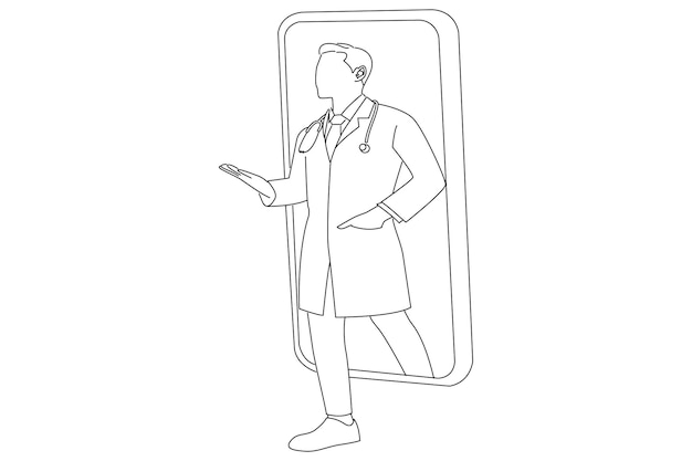 Médecin De Sexe Masculin Avec Stéthoscope Sortant De L'art De Style De Dessin De Contour De Grand Téléphone Portable