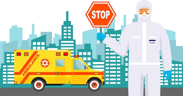 Médecin en tenue de protection et masque à gaz respirateur tient un panneau d'avertissement avec une voiture médicale d'ambulance