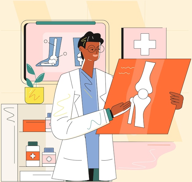 Un médecin tient un genou et une pancarte qui dit genou.