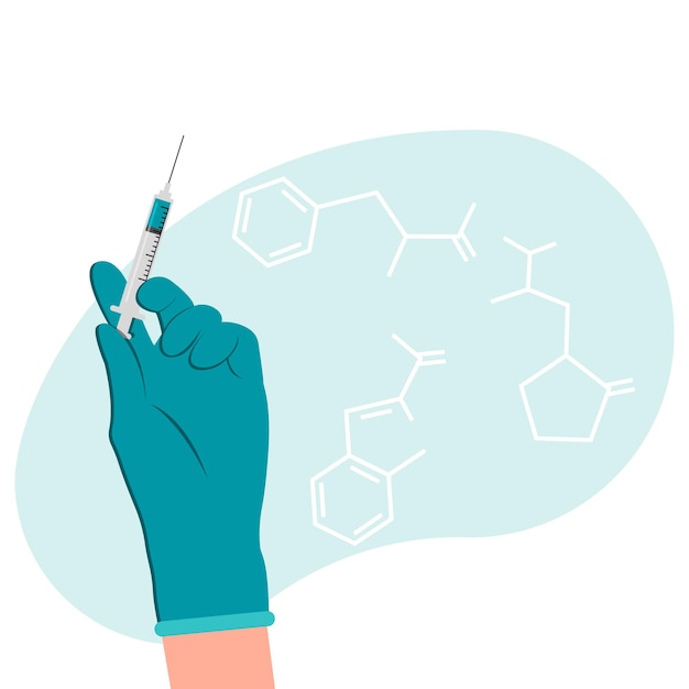 Vecteur le médecin tient une seringue. une main dans un gant médical. un coup de vaccin, un antidote. le concept de médecine et de médicaments. illustration vectorielle plane.