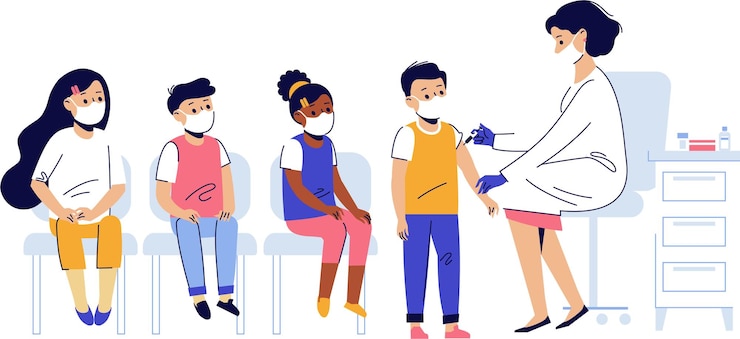 Vecteur médecin vaccination anti-coronavirus pour les garçons et les enfants du groupe en attente