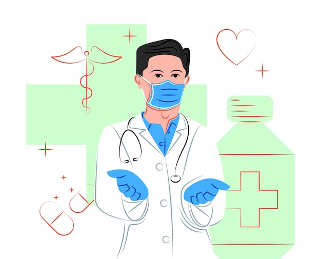 Médecin de vecteur à bras ouverts dans l'ombre du style de lignes nettes