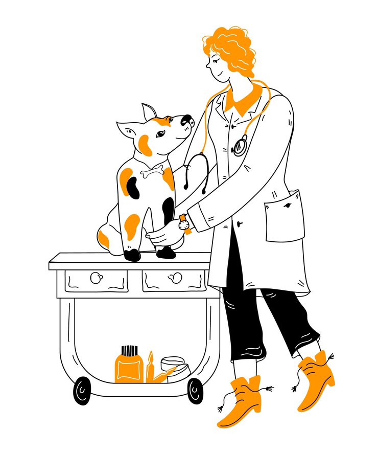 Médecin vétérinaire examinant l'illustration vectorielle de chien dessin animé doodle style isolé sur blanc