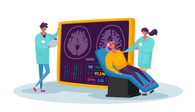 Vecteur médecine neurobiologique, irm cérébrale. médecin et personnages du patient à l'hôpital lors d'un examen médical avec moniteur d'ordinateur et diagnostic de tomographie de la tête du patient