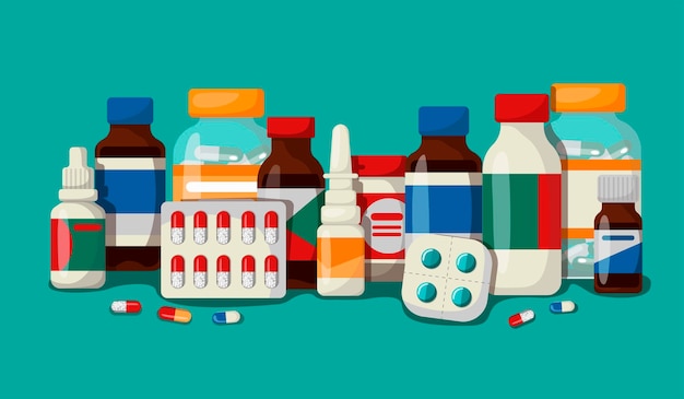 Vecteur médecine, pharmacie, ensemble hospitalier de médicaments avec étiquettes. le concept de sujets médicaux. illustration vectorielle en style cartoon.