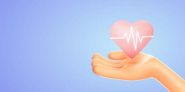Médecine de santé et concept de charité en gros plan de la main tenant le coeur rose avec la ligne ecg